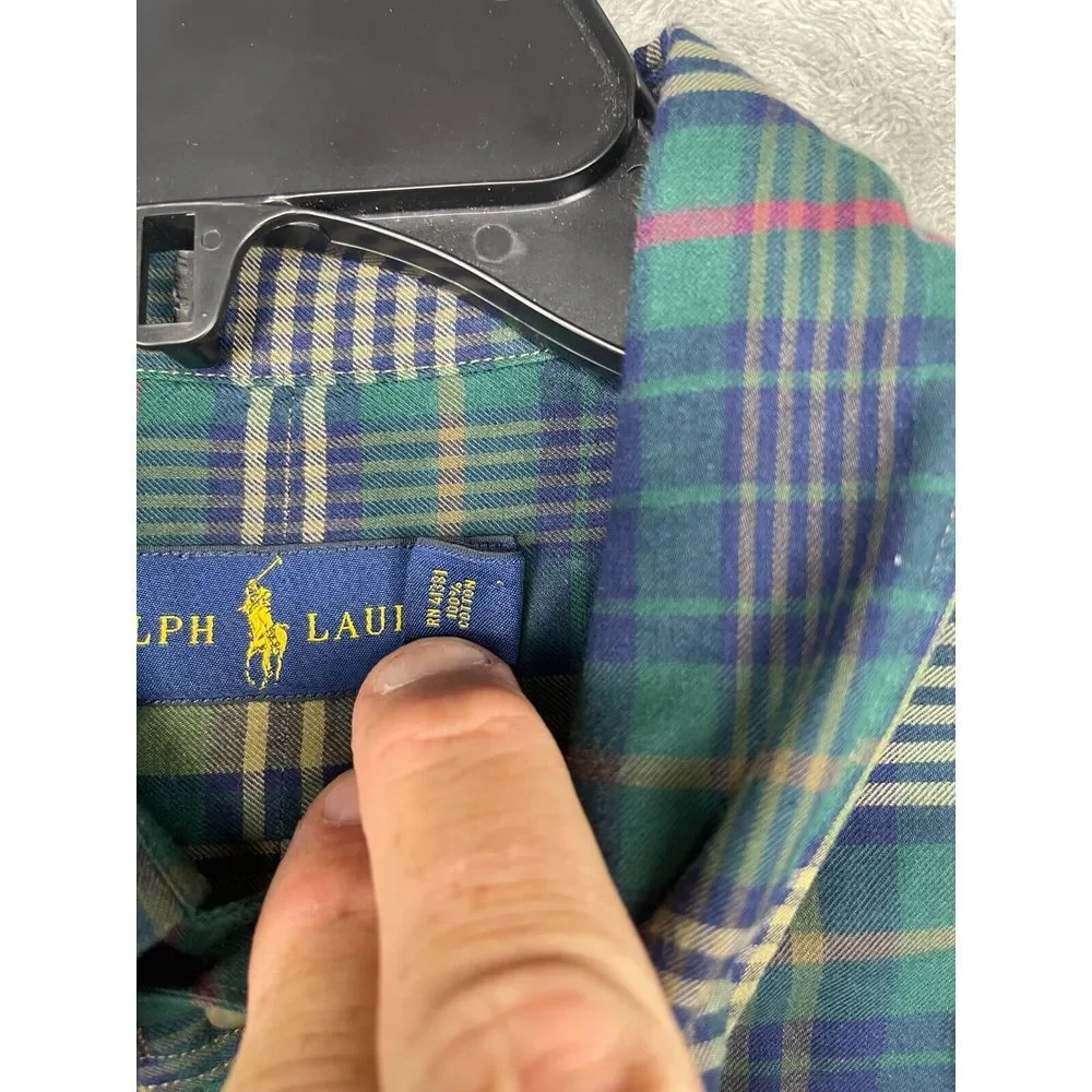 Polo Ralph Lauren Men's Shirt Size Large Green‎ Blue Plaid Long Sleeve Button Up
